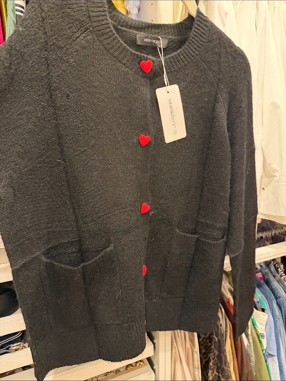 Women’s Black Knit Cardigan with Red Heart Buttons